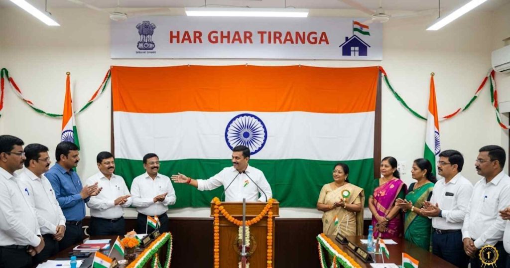 Official ceremony photo showing Kodagu Deputy Commissioner Venkat Raja inaugurating the Har Ghar Tiranga campaign at his office in Madikeri, with Indian tricolor flags prominently displayed, government officials in formal attire, patriotic decorations, and campaign banners visible in background, representing official government initiative
